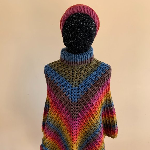 Crocheted Rainbow Poncho and Beanie Set (One Size Fits Most) - Picture 5 of 7
